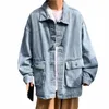 Solid Black Grey Blue Butt Up Denim Coat Jeans Jacket Fall Casual Kpop Big Pocket Fi Windbreaker Chaqueta Woman Man Punk Q5HS#