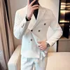 Kurtka+spodnie Mężczyźni Blazery Wysokiej jakości podwójnie piersi garnitury busin/mężczyzna Slim Fit Waffle Groom Dr Casual Tuxedo L5PF#