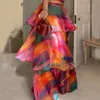 Elegante senhora tie dye impresso plissado vestido 2024 verão feminino sem mangas o pescoço oco para fora férias elegante longo maxi bolo vestidos