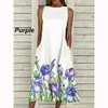 Verão oneneck floral impressão longo dres casual joelho sem mangas colete saia senhora elegante solto vestido de festa 5xl 240322