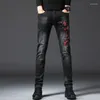 Damen-Jeans, hochwertig, hohe Herren-Jeans mit Blumenstickerei, Kratzer, Dekoration, lässig, klassisch, Slim-Fit-Stil, schwarze Stretch-Hose