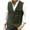 Herringbe ull tweed Men's Vest Brown V Neck Single Breasted Retro Tooling Vest Male Gentleman Busin Waistcoat For Wedding W2x6#