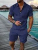 2024 Summer Mens Sports Wear Solid Color Korte Mouw Zipper Polo Shirt en Shorts Set Heren Casual Street Wear 2-Pie 240326