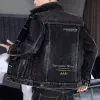 men's Denim Jacket with Print Male Jean Coats Black Slim Fit Y2k Korean Popular Clothes New in Designer Cowboy Clothing Menswear W27W#