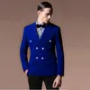 Homens ternos conjunto traje azul real duplo breasted blazer com calças pretas terno para casamento baile de formatura impressão casaco smoking o8ps #