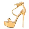 Kleidschuhe 2024 Gold Party Heels für Frauen Plattformen Sommer Sandalen Große Größe Riemchen Hohe offene Zehen Schnalle Riemen Abendtanz