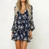 Casual Dresses Floral Leaf Printed Spring Dress Deep V-Neck Belt Nacing Up Long Sleeve Mini Beach Daily Wear Summer Woman