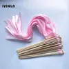 Party Decoration 50Ppcs/lot Light Pink Wedding Ribbon Wands Ribon Stick Twirling Streamers With Gold Bell For