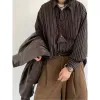 INS Vintage Set Hombres Mujeres Japonés Rayas sueltas Camisa de manga larga + Color sólido Pierna ancha Casual Pantalones de pierna recta Traje unisex 92aq #