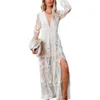 Happie Queens Vintage Women Vneck långärmad ruffles Bohemian Beach Maxi Dress Ladies Chiffon Lace Hollow Out Boho Dresses 240320