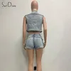 Damen-Trainingsanzüge, Soefdioo Multi-Pocket Cargo Denim 2-teiliges Set, modische Crop-Weste, Mäntel und Hüftshorts, passend zum 2024 Sommer Hipster Street