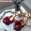 Sandals 2024 Velvet Fur Ball Pointed Toe Stiletto High Heel Back Strap Sexy Women Shoes Summer Banquet Party Runway Fashion