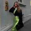 Metallic Green Skirt Silver High Waist A-line Pu Leather Hip Midi Long Slit Maxi Shiny Skirts Party Y2K Grunge Streetwear 240314