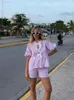 2024 Summer Spring Stripe Two Piece Set Casual Short Sleeve Bow Lace Up Croped Top Shorts Suit Beach Holiday Lady 240323