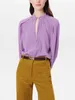 Women's Blouses Women Silk Purple Blouse Casual Long Sleeve V-Neck Spring 2024 Ladies Loose Pleated Shirt Tops