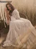 Bohemian Deep V-Neck Backless A-Line Wedding Dresses Long Sleeve Tiered Appliques Lace Country Boho Bridal Gowns