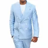 Esmoquin de Novio Azul Claro de Doble Botadura Para Hombre, Chaqueta de Moda Masculina C Pantales, Trajes Padrino Boda, Solapa Pico, 2 U16E#