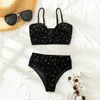 Damen Bademode Damen Sexy Dreipunkt-Bikini-Badeanzug Mode Schwarzer Samt Glitzer Bedruckt Sommer Strandmode Schwimmen Zweiteiliges Set