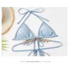 Women Swimwear One Piece Sexy Bikini Woven String Swimsuit Fused Halter Bathing Suit Monokin High Cut Swim Wear Blue