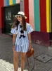 2024 Summer Spring Stripe Two Piece Set Casual Short Sleeve Bow Lace Up Croped Top Shorts Suit Beach Holiday Lady 240323