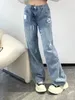 Jeans broderad logotyp Anpassad vävning, färgning och tvätt av teknik med hög midja Loose Casual Pants
