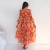 vestidos dames elegante bloemenprint lantaarn lange mouw casual chiffon jurk vneck grote schommel lente herfst jurken 240327