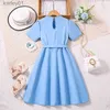 Girl's Dresses New Designed Classic Blue Short-Sleeved Dress Belt Cute Elegant Stylish Princess Girl Dress Vacation Party Daily Casual Style yq240327