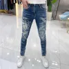 Jeans pour hommes Designer Marque Tendance Industrie lourde Imprimé pour l'été Style mince Mode personnalisée Slim Fit Petits pieds Pantalons longs F8DM