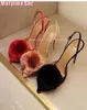 Sandals 2024 Velvet Fur Ball Pointed Toe Stiletto High Heel Back Strap Sexy Women Shoes Summer Banquet Party Runway Fashion