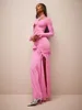 Casual Dresses Modphy 2024 Kvinnor Sexig Bow Cutout Design Lång ärm Tight Side Slit Ealegant Party Club Evening Pink Maxi Vestidos Gown