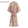 Boho Queens Mulheres Pavão Impressão Manga Morcego Praia Boêmio Kimono Robe Senhoras V Neck Borla Verão Biquíni Cover-ups 240314