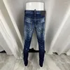 Mäns jeans high street mode män retro blå stretch smal fit rippad läder pacted designer hip hop varumärke byxor hombre