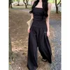 2024 Spring High Street Fashion Pleated Loose Casual Wide Leg Pants Women Sexy Backless Black Camisole Two-piece Suit240327