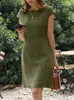 Zanzea dişi o yaka fermuar kısa kollu sundress yaz kadın katı elbise şık zarif çalışma ol vintage gevşek midi elbiseler 240320