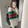 Vestes pour femmes Sweet Cute 2024 Automne et hiver Rouge Vert Stripes Laine Col V Manches longues Lâche Mi-longueur Cardigan tricoté Manteau