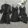 Sleepwear Silk Women Nightdress Lace Dress Robe Pyjamas Set Satin Underwear For Women Full Coverage Summigee Lingerie Sexy240327