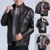 Chaqueta de hombre de otoño Chaqueta de cuero de imitación a prueba de viento de mediana edad con cuello de pie Bolsillos de felpa suave Cierre de cremallera LG-Manga H2eo #