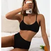 Mulheres Swimwear 2024 Europeu e Americano Sexy Cintura Alta Biquíni Cor Sólida Split Sunken Stripe Swimsuit para Mulheres