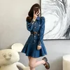 SlimFit Jeans Dress Women Pleated Long Sleeve Cowboy Siamese Denim MidLength Single Breasted Mini 240326