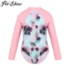 One-Pieces FEESHOW Summer Kids Girls Swimwear Long Sleeves Palm Printed Zippered Swimsuit Swimwear Bathing Suit Rash Guard Beachwear 24327