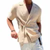 Mens Casual Collared Dr Shirt Short Sleeve Blus Lace-Up Shirts Suit Tops J55Z#