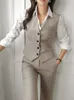 Koreaanse Mode Vrouwen Blazer 3 Stuks Vintage Lange Mouw Pak Jassen Vest En Rechte Broek Vrouwelijke Chic Zakelijke Outfits 240319