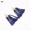 Dangle Oorbellen GG Sieraden Natuurlijke Ronde Blauwe Lapis Lazuli Edelstenen Steen CZ Verhard Verguld