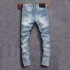 Jeans masculinos moda streetwear homens de alta qualidade retro luz azul estiramento fino ajuste vintage selvedeg designer linha vermelha calças jeans