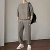 Tracksuits masculinos homens casual conjunto de duas peças de mangas compridas tops calças waffle textura o-pescoço manga longa elástica para a primavera