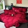 Bedding Sets 1000TC Egyptian Cotton Chic Heart Pinch Pleated Duvet Cover Wine Red Wedding Set Comforter Bed Sheet Pillowcases