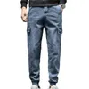 Calças masculinas de cor sólida retro streetwear carga com tornozelo elástico multi bolsos macio tecido respirável para plus size