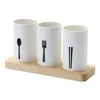 Kitchen Storage Silverware Tube With Wood Base Wooden Cutlery Utensil Holder Bamboo Dinnerware Rack