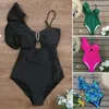 Women's Swimwear Tummy Control Swimsuit Tropical Leaves Print One-piece Bikini With Ruffle Sleeve V-neck For Women Sexy Monokini