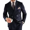 Elegantes komplettes Set Blazer Kostüm Marineblau Zweireiher Spitze Revers Regelmäßige Länge Hohe Qualität 2 Stück Jacke Hosen Herrenanzug D2Fw #